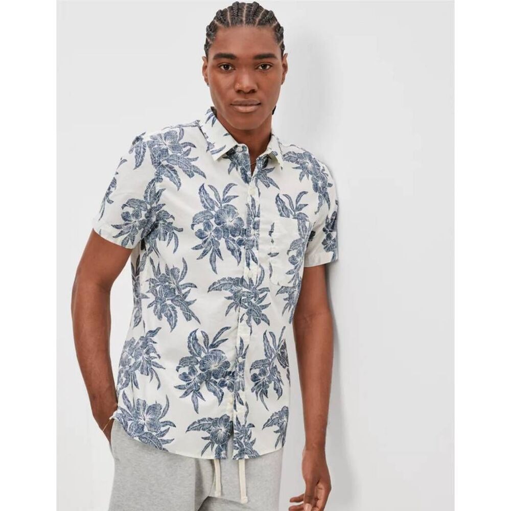 American Eagle Outfitters Shirt Men's Medium Ivory Blue Tropical Short Sleeve